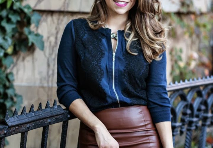 Black & Brown :: Faux Leather Skirt & Blue Sweater