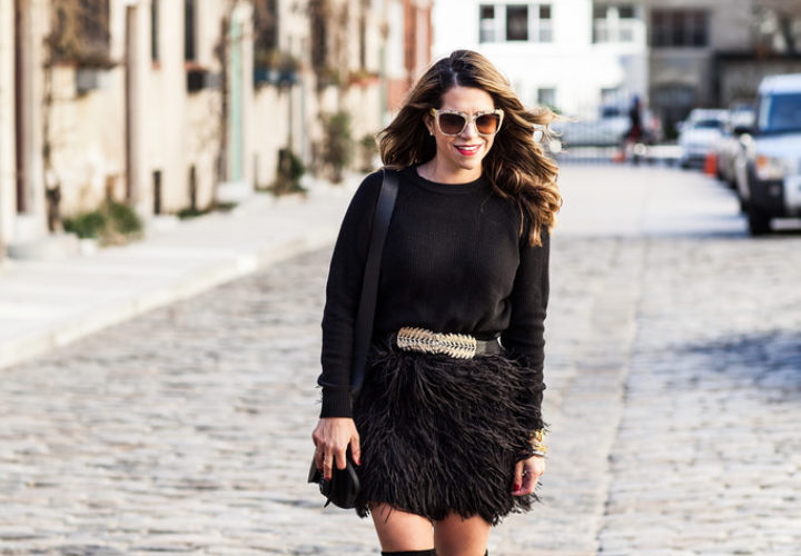 Holiday Outfit | Feather Skirt + Over The Knee Boots