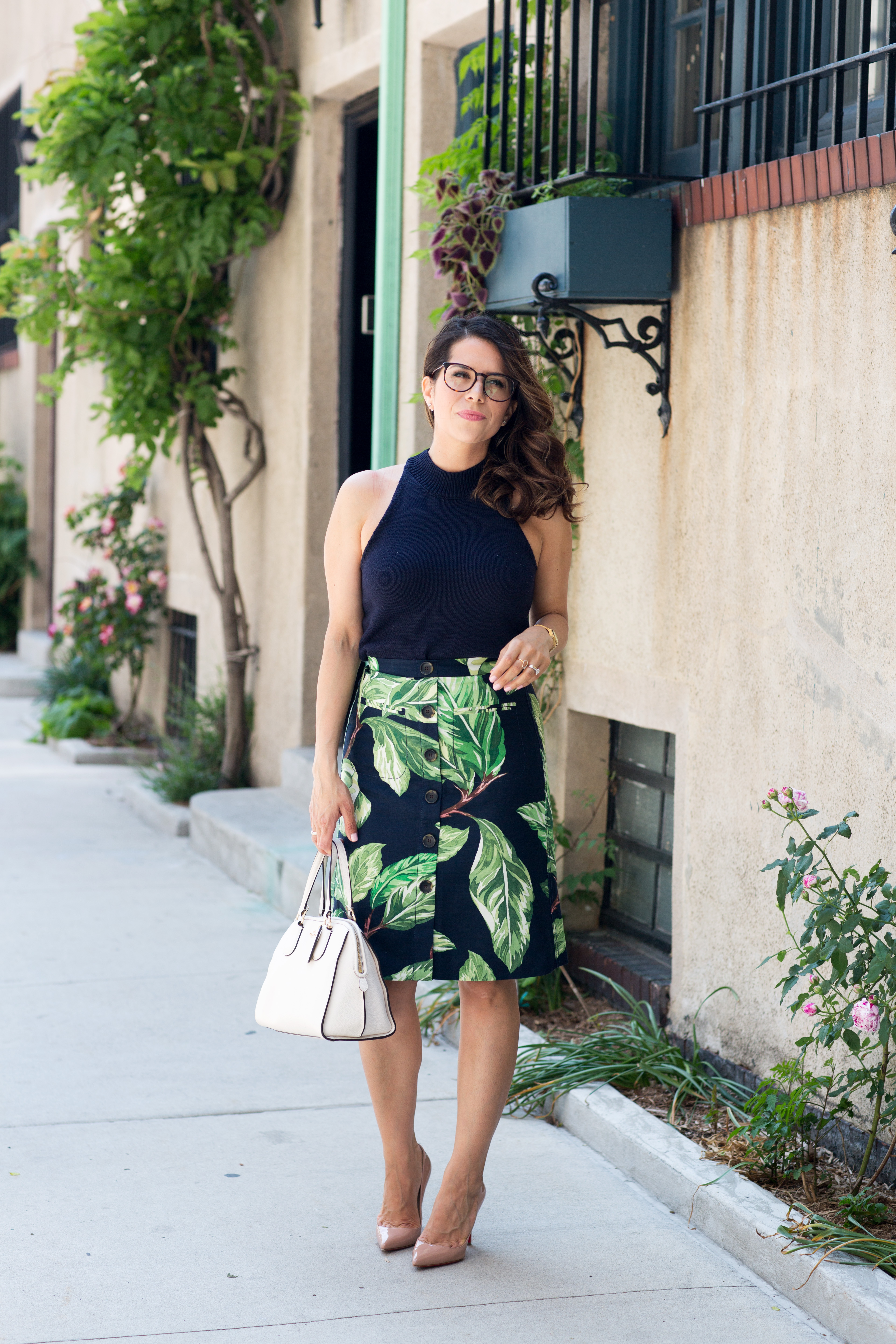 Ann Taylor palm skirt and navy sweater halter top for summer workwear outfit by Corporate Catwalk