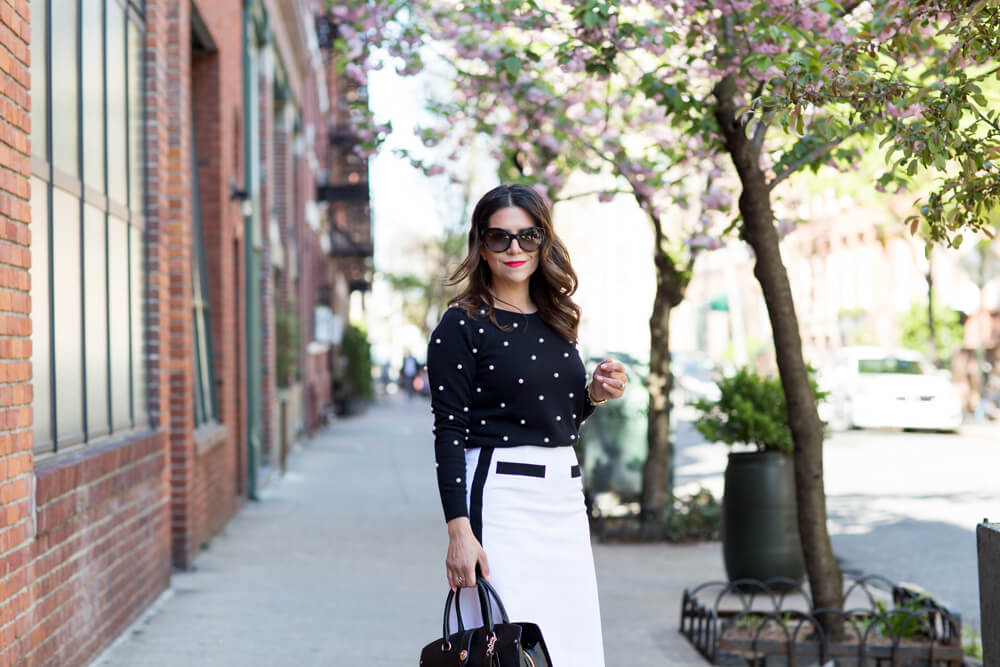 Worth New York Black Pearl Sweater White Pencil Skirt Patent Leather Heels Christian Louboutin Black Coach Bag What to Wear to Work Work wear Corporate Catwalk