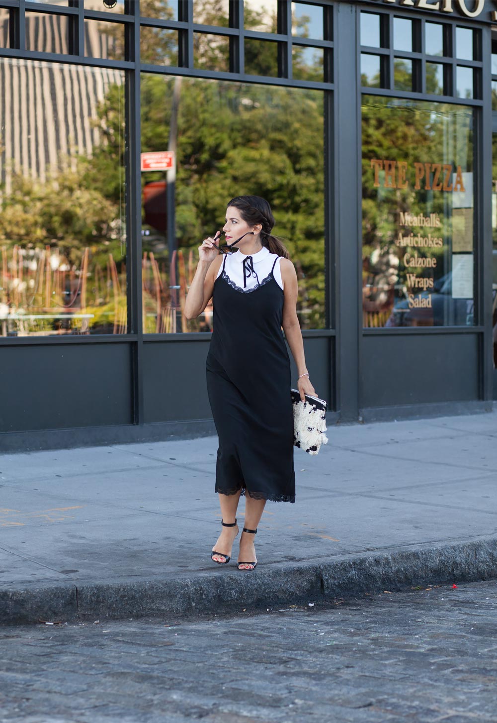 Black Slip Dress Schutz High Heel Sandals Grey Blazer Chloe Drew Bag Cardigan Trends How to Wear a Slip Dress NYC New York Fashion Blogger Corporate Catwalk