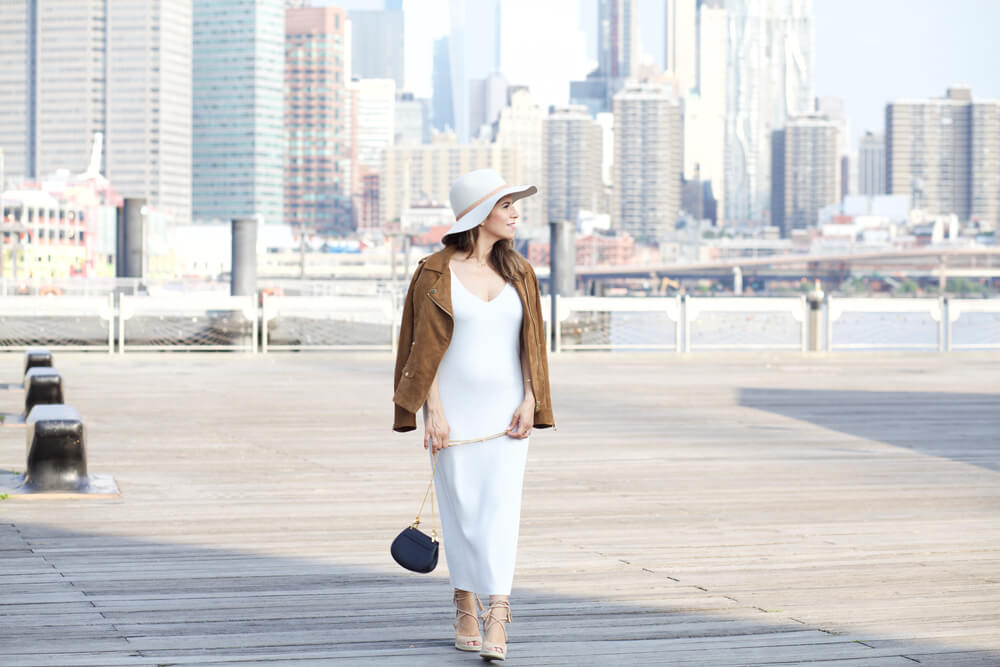 HM faux suede jacket white ribbed dress wedge heels chloe drew bag rag and bone hat dumbo nyc blogger corporate catwalk