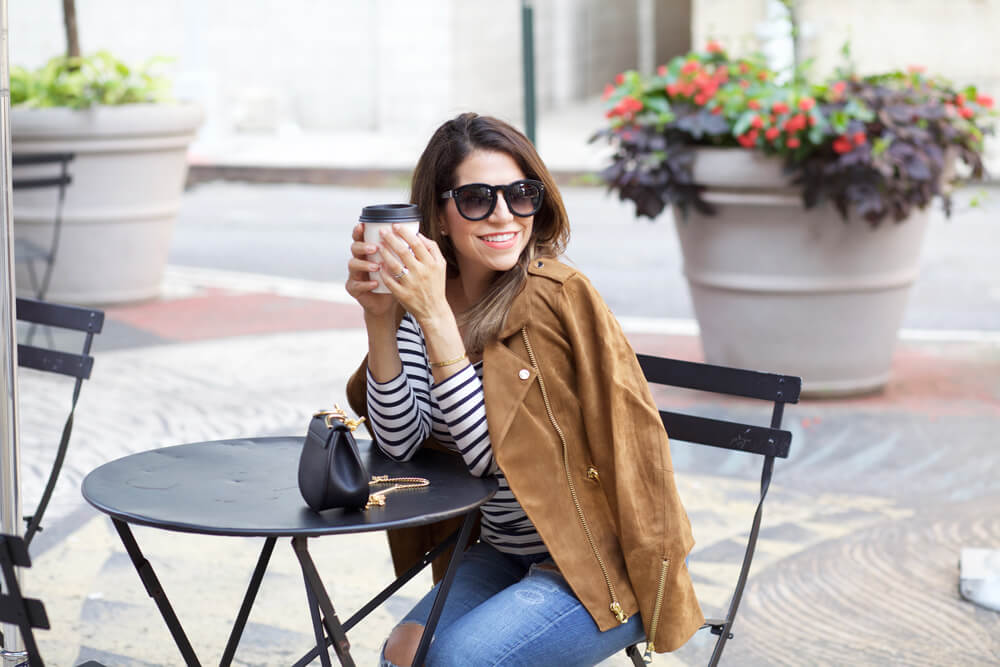 hm faux suede jacket fall outfit stripe off shoulder top ag denim fall outfit ideas corporate catwalk dumbo
