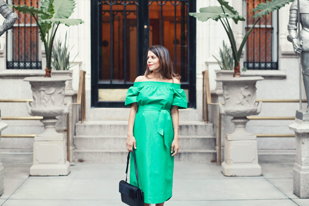jcrew green off the shoulder dress emerald green summer outfit worth new york city fashion blogger NYC corporate catwalk nude heels outfit ideas 1