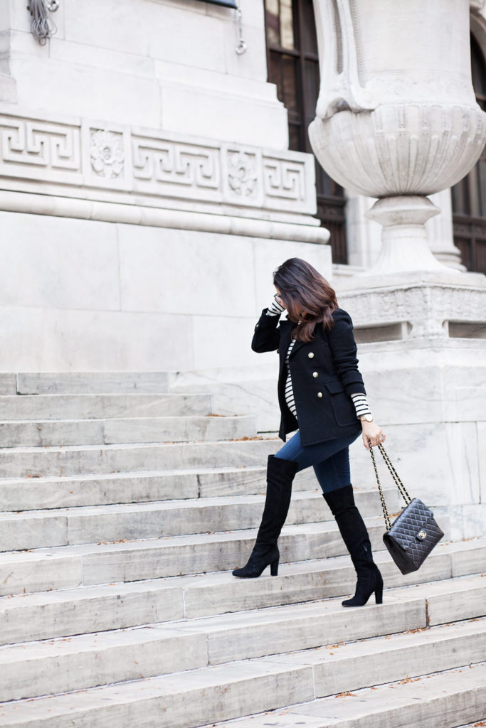 Black Pea Coat Jcrew Chanel Jumbo Bag Black Suede Boots Maternity Style What to Wear while Pregnant Corporate Catwalk New York City Fashion Blogge