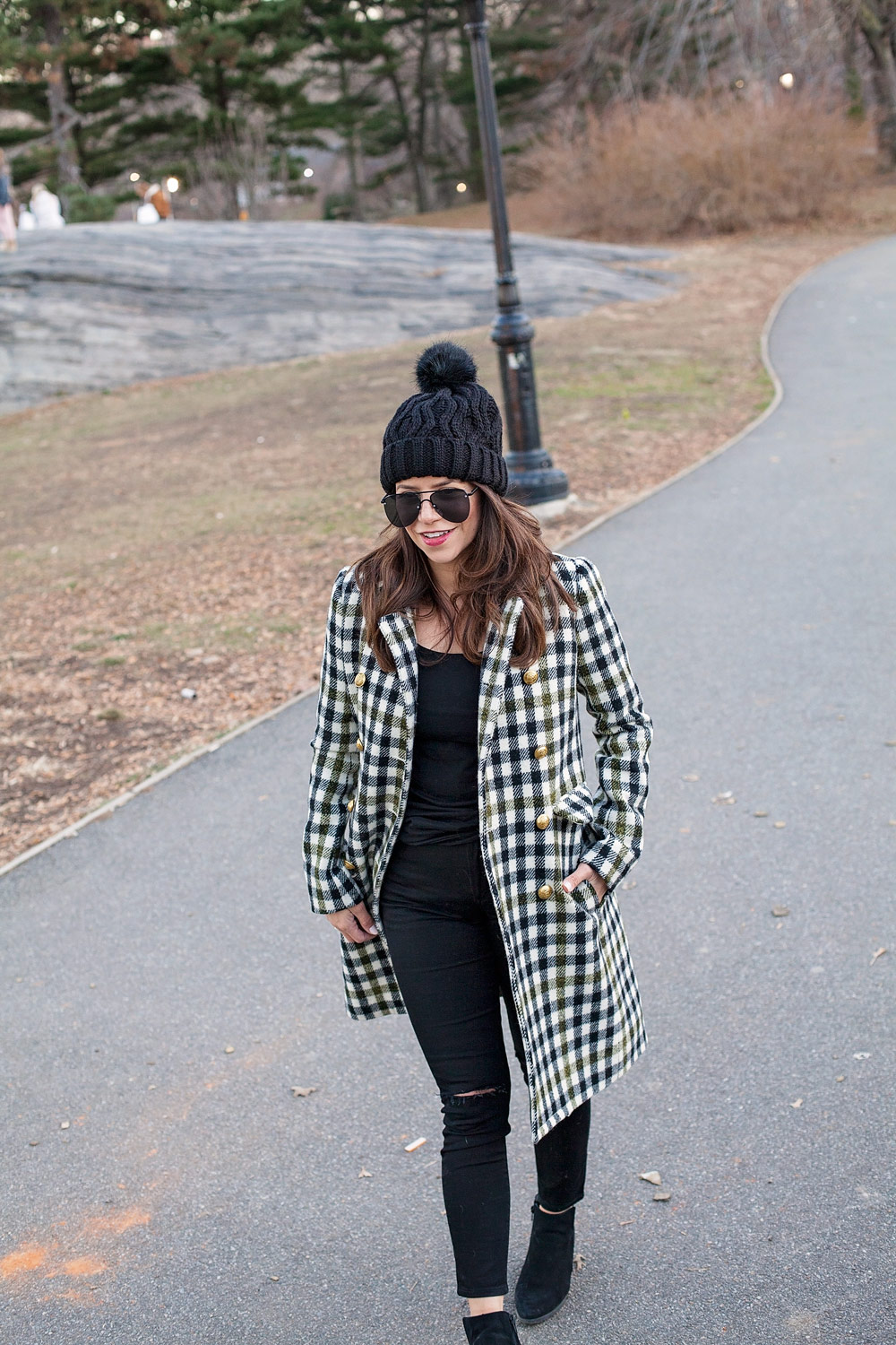 New York, Central Park Outfit Idea What to Wear Plaid Coat Black Denim Stocking Cap New York Street Style