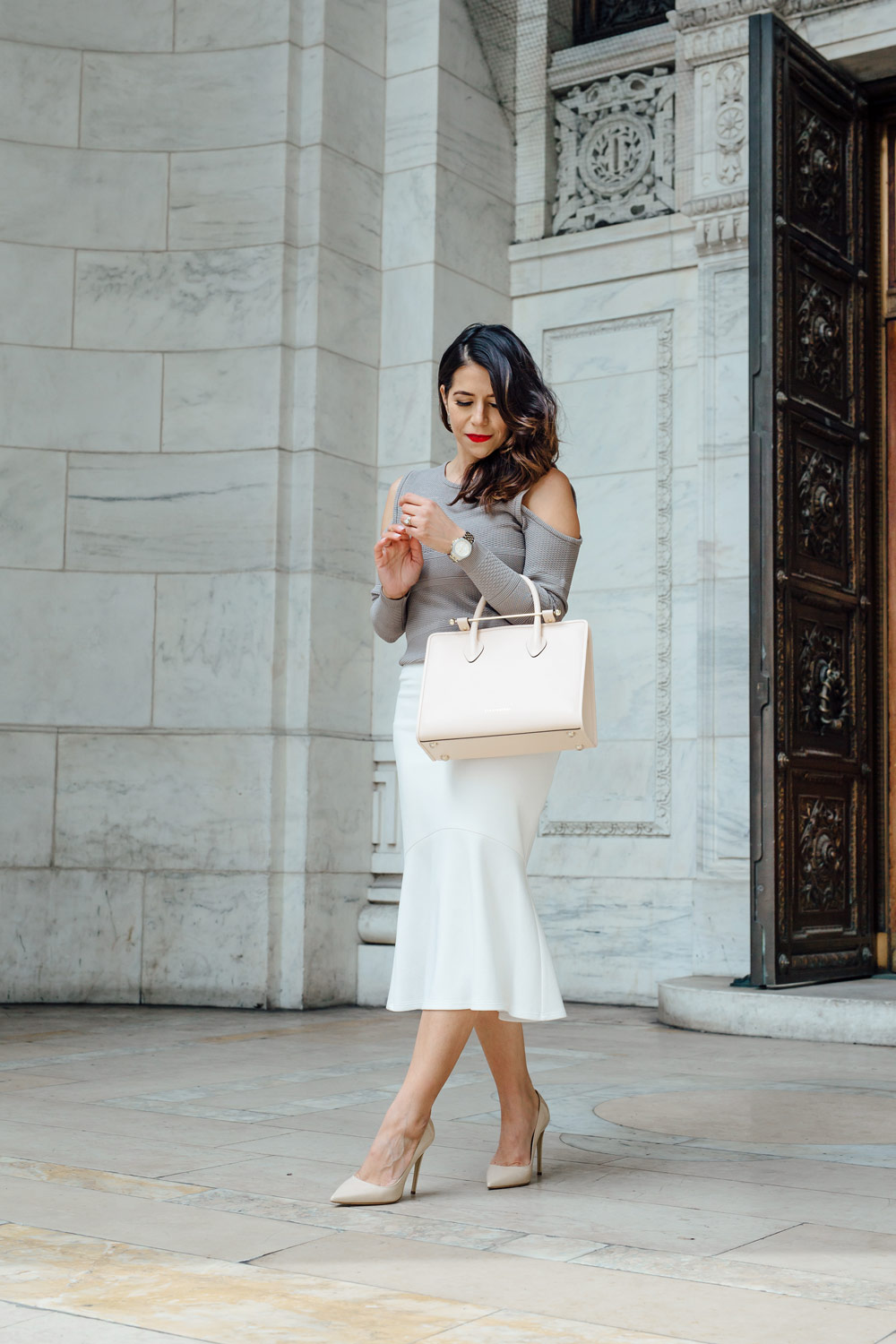 outfit of the day: blouse and sweater + handbag and heels