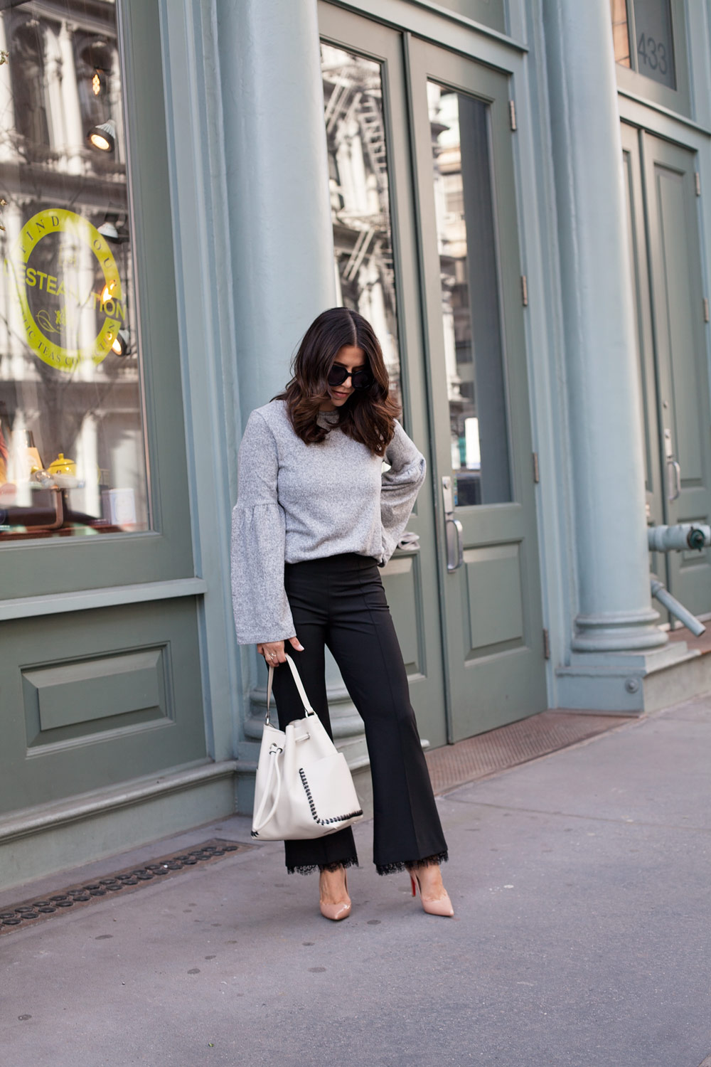 Zara Grey Sweater Black Lace Pants White Bucket Bag Corporate Catwalk Casual Workwear 1