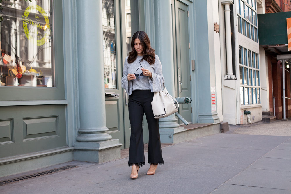 Zara Grey Sweater Black Lace Pants White Bucket Bag Corporate Catwalk Casual Workwear 1