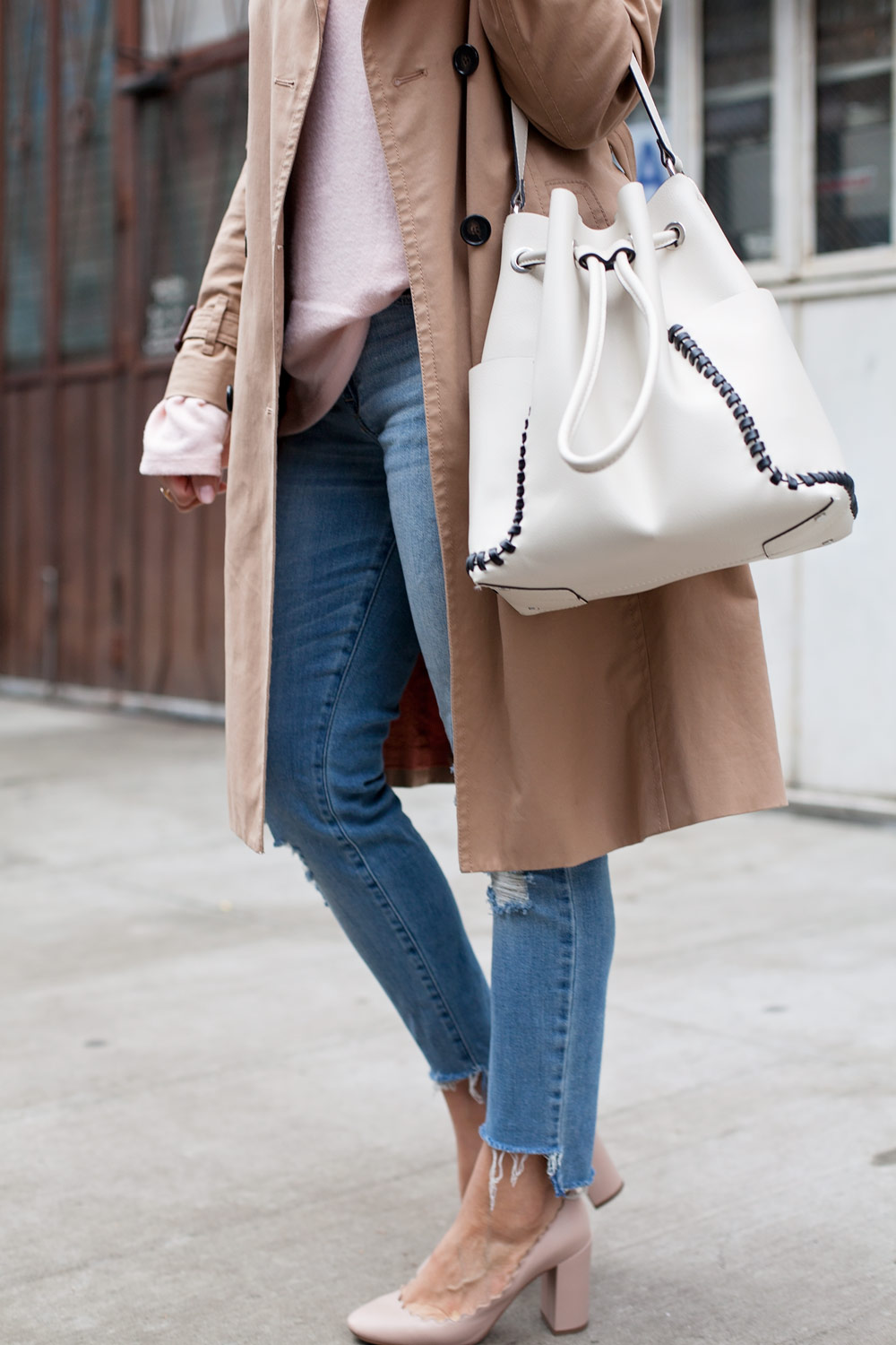Zara Pink Sweater Ann Taylor Trench Coat Raw Hem Denim Chloe Lauren Heels Spring Casual Style 1