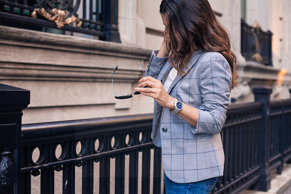 Grey Blazer Corporate Catwalk Denim to the Office How to Wear an Off the Shoulder Top to Work New York City