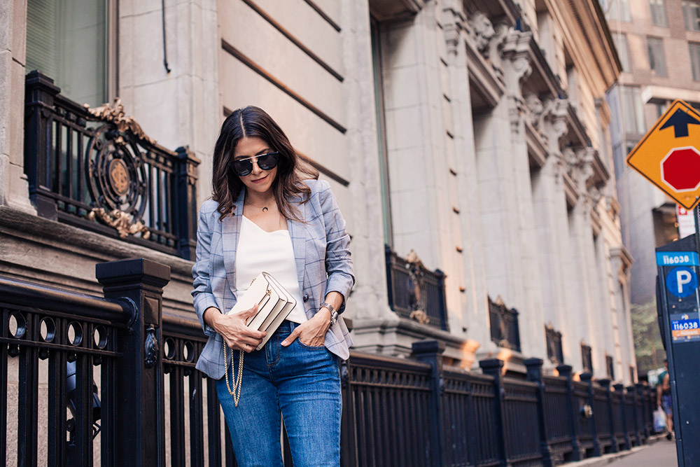 Grey Blazer Corporate Catwalk Denim to the Office How to Wear an Off the Shoulder Top to Work New York City