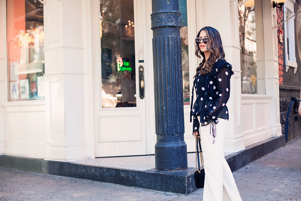 Black Polka Dot Blouse White Trousers Workwear Corporate Catwalk Gucci Bag NYC New York City Fashion Blogger 2017 trends