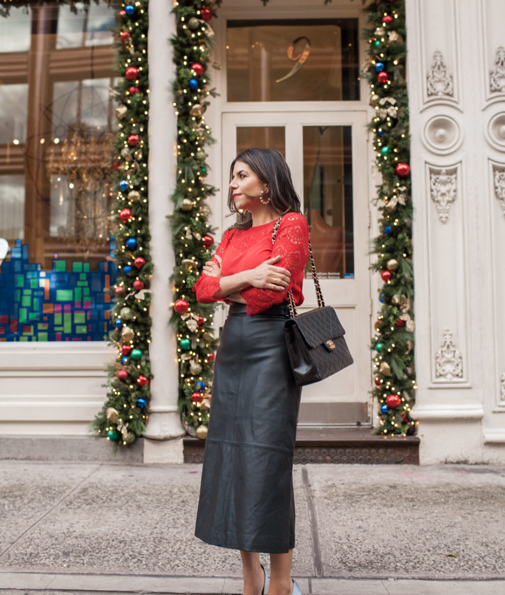 holiday party outfit, Sezane red adeline blouse, vintage chanel purse, french connection leather midi skirt, SJP embellished satin pumps