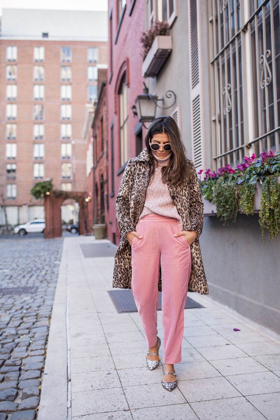 Stylish Work Ensemble with Paper Bag Pants and Pink Cardigan