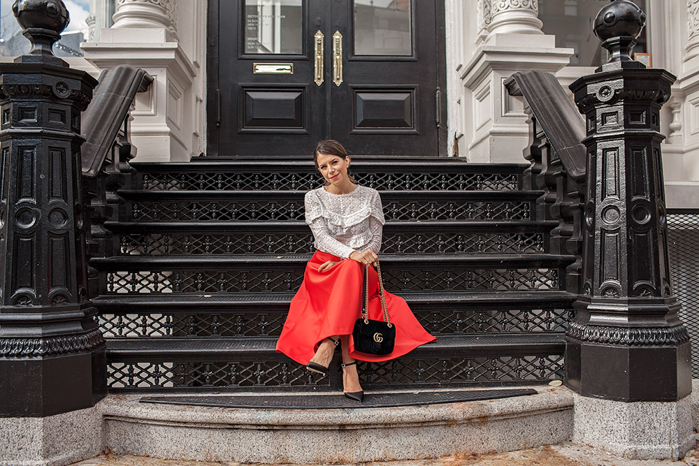 Red H&M skirt and black SJP bow heels small velvet Gucci shoulder bag Sezane ninon blouse