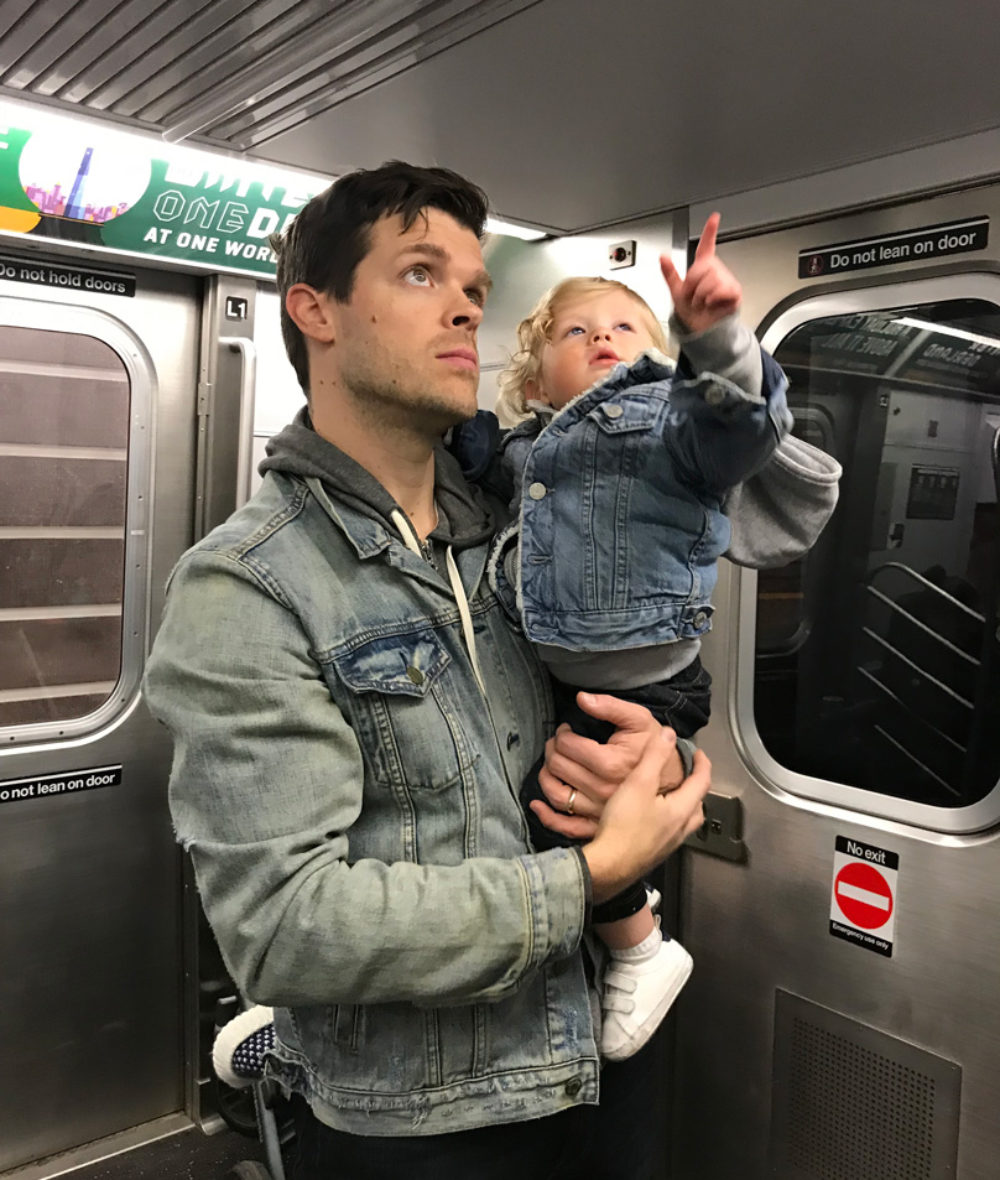 Dad and baby, New York City, Subway, Baby Gap Denim Jacket, Gap Denim Jacket for Men