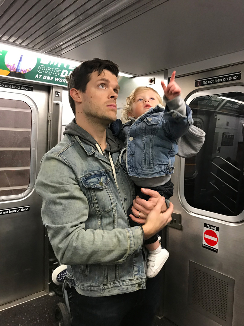 Dad and baby, New York City, Subway, Baby Gap Denim Jacket, Gap Denim Jacket for Men