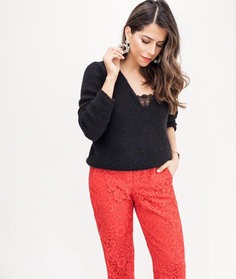 holiday work party, Red lace pants, black knit sweater with lace insert, nude heels, crystal hoop earrings